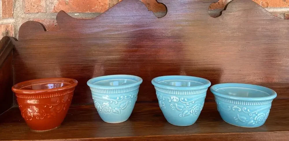 4 T.S.T. Oven Serve Ware Cups 3 Blue 1 Brown